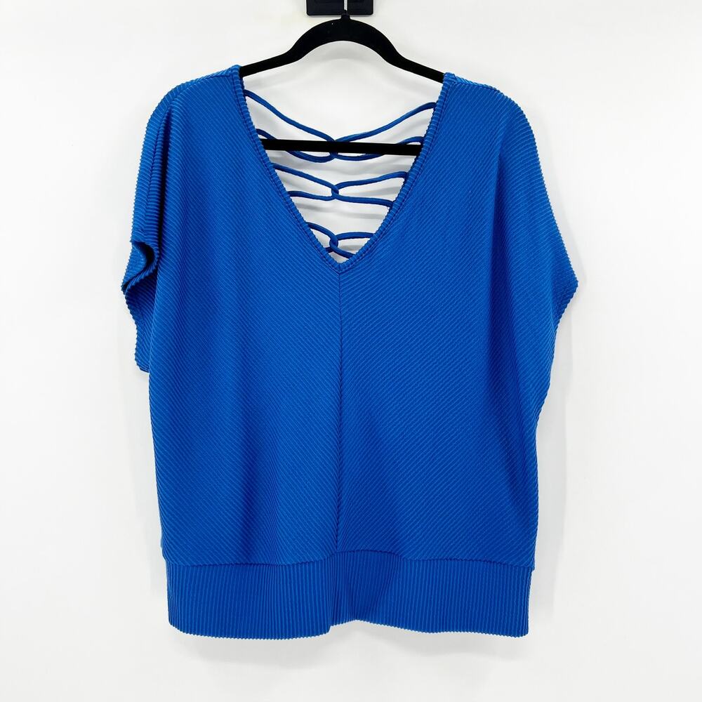 Fortune + Ivy Women's Blue V Neck Knit Short Sleeve Blouse Top Size XXL